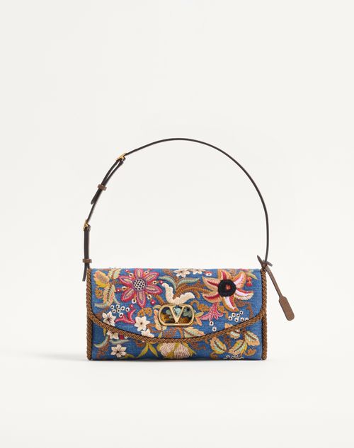 Valentino Garavani - Valentino Garavani Devain Small Shoulder Bag In Embroidered Denim - Denim/multicolour - Woman - Shoulder Bags